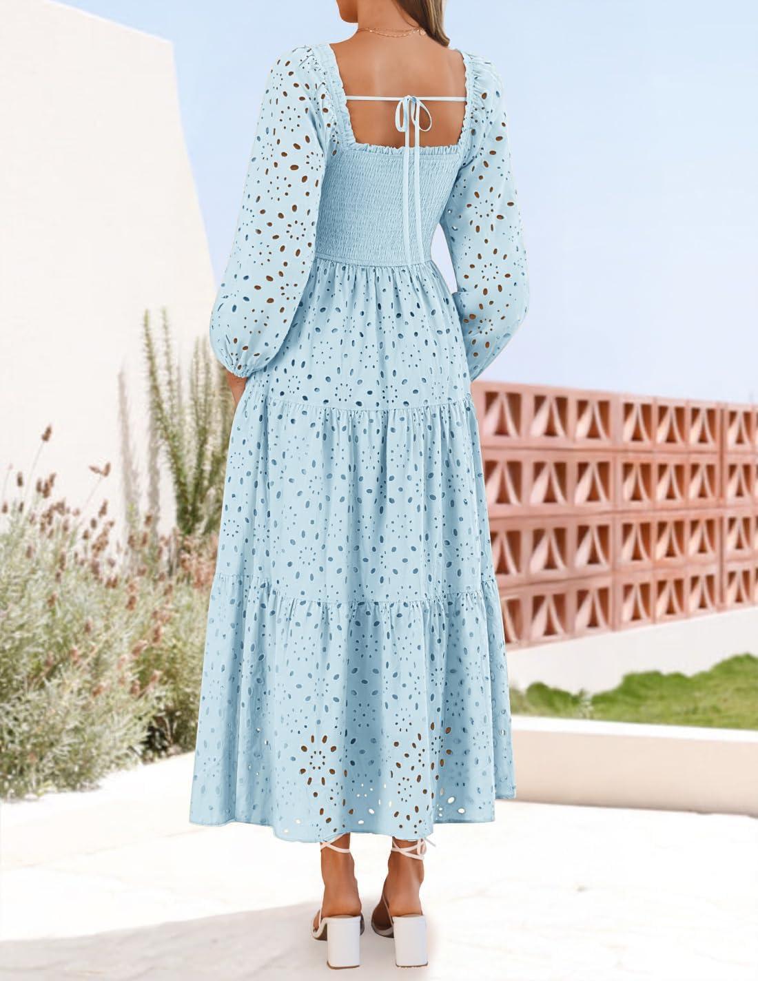 imageZESICA Womens Fall Long Sleeve Maxi Dresses 2026 Square Neck Hollow Out Eyelet Smocked A Line Cocktail Party DressLightblue