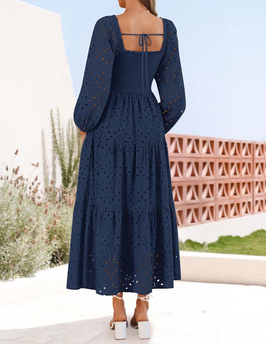 imageZESICA Womens Fall Long Sleeve Maxi Dresses 2026 Square Neck Hollow Out Eyelet Smocked A Line Cocktail Party DressNavy