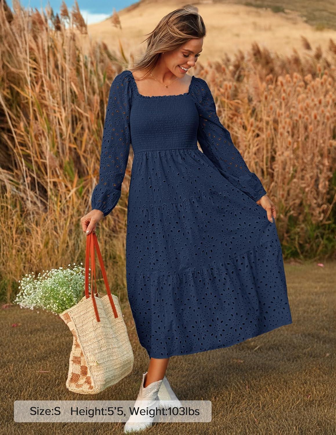 imageZESICA Womens Fall Long Sleeve Maxi Dresses 2026 Square Neck Hollow Out Eyelet Smocked A Line Cocktail Party DressNavy