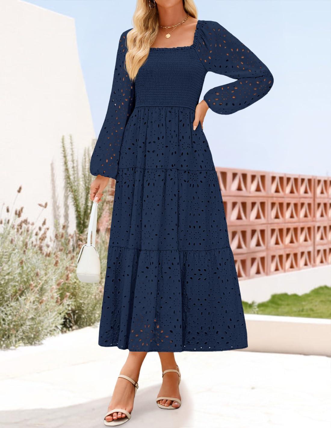 imageZESICA Womens Fall Long Sleeve Maxi Dresses 2026 Square Neck Hollow Out Eyelet Smocked A Line Cocktail Party DressNavy