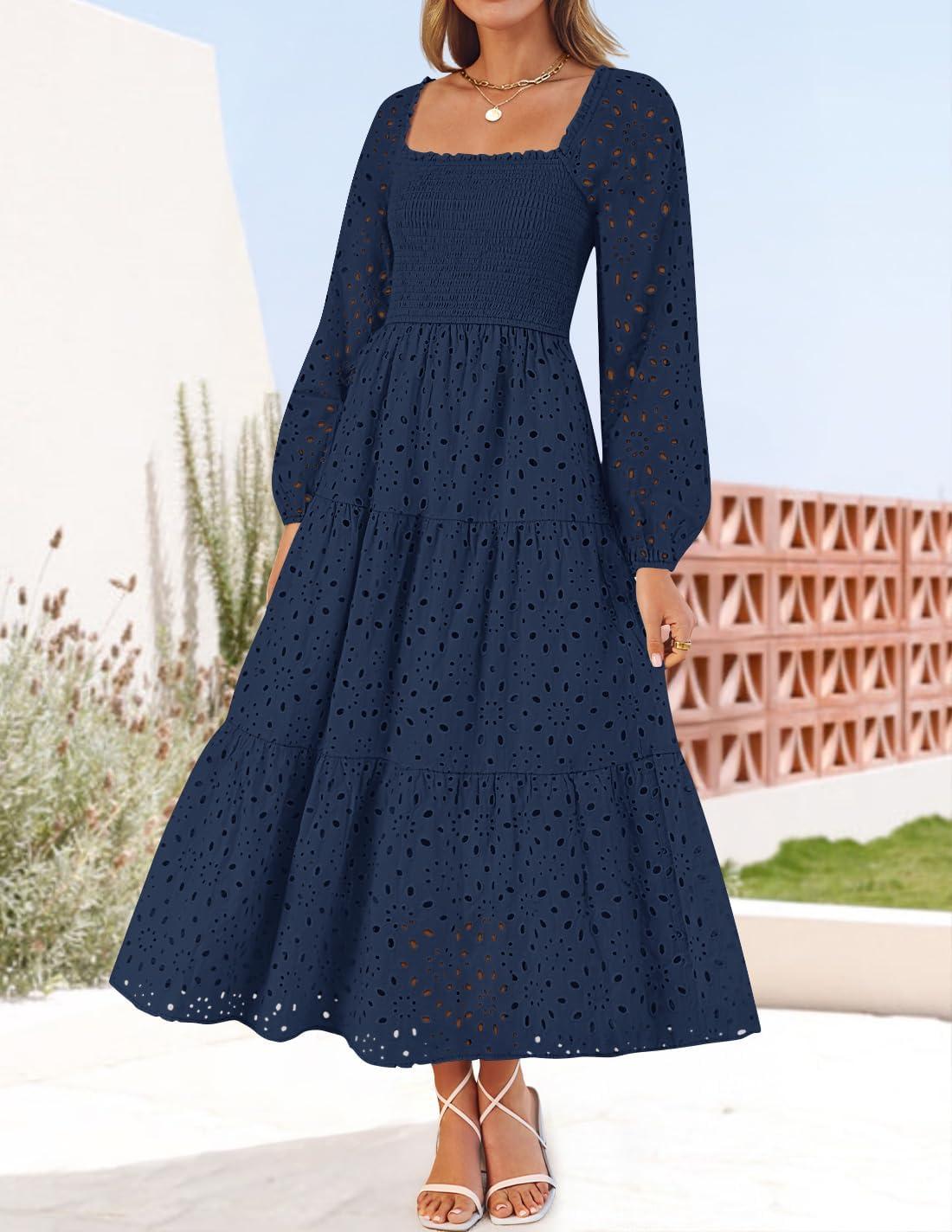 imageZESICA Womens Fall Long Sleeve Maxi Dresses 2026 Square Neck Hollow Out Eyelet Smocked A Line Cocktail Party DressNavy