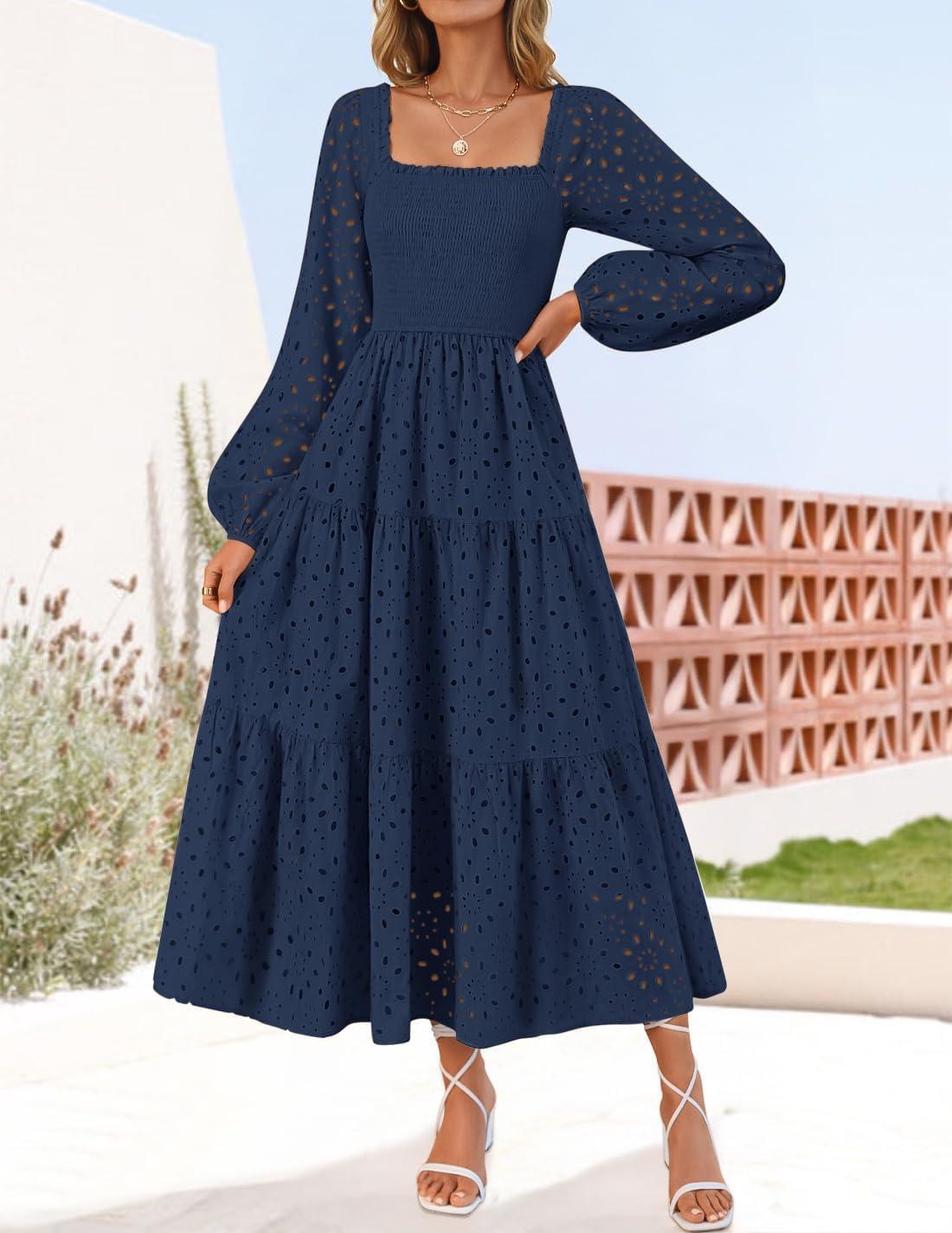 imageZESICA Womens Fall Long Sleeve Maxi Dresses 2026 Square Neck Hollow Out Eyelet Smocked A Line Cocktail Party DressNavy