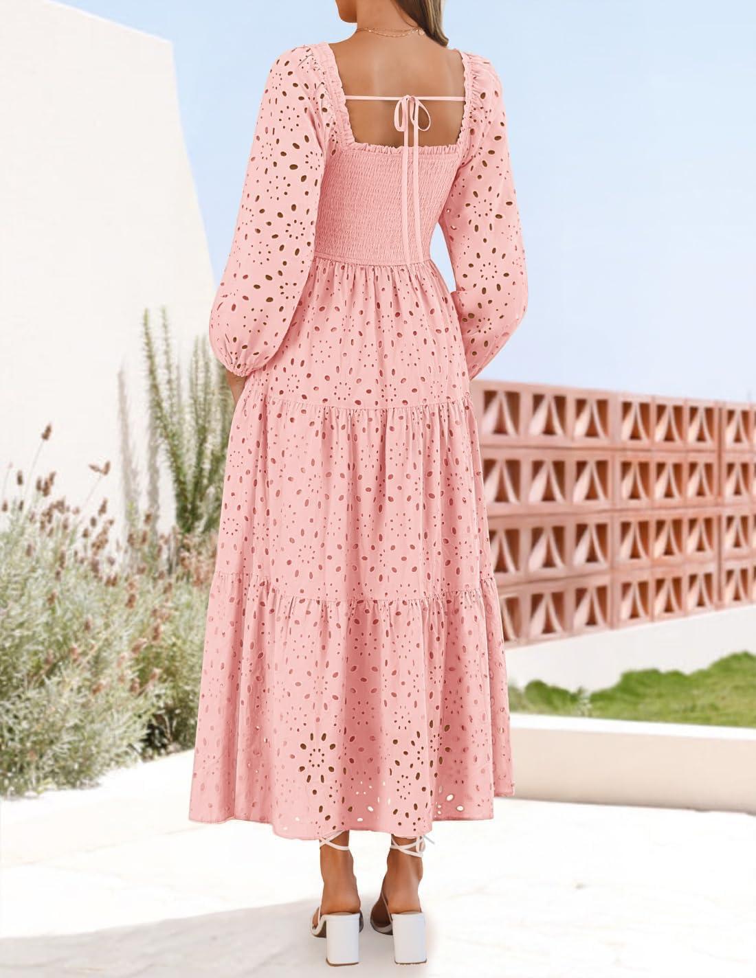 imageZESICA Womens Fall Long Sleeve Maxi Dresses 2026 Square Neck Hollow Out Eyelet Smocked A Line Cocktail Party DressPink
