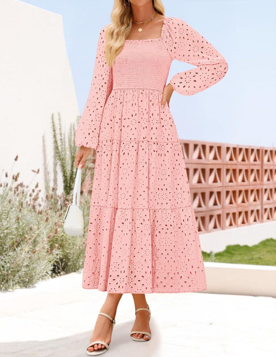 imageZESICA Womens Fall Long Sleeve Maxi Dresses 2026 Square Neck Hollow Out Eyelet Smocked A Line Cocktail Party DressPink