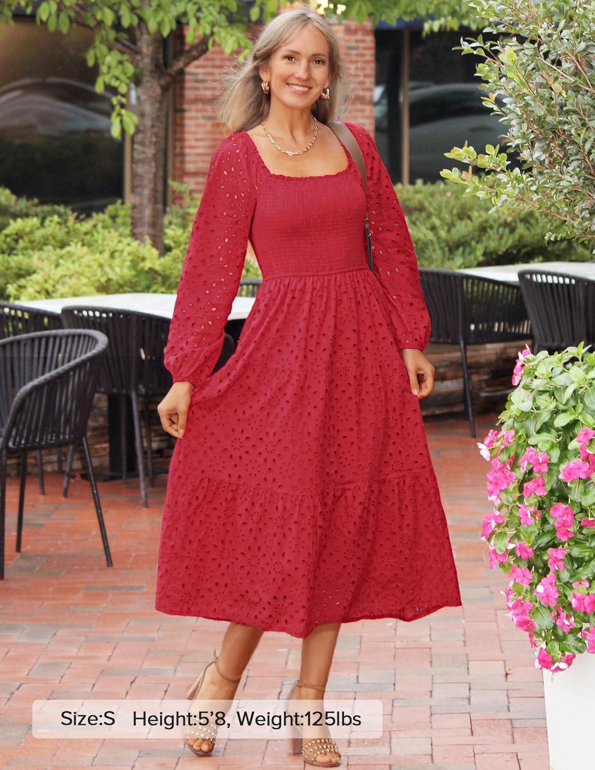 imageZESICA Womens Fall Long Sleeve Maxi Dresses 2026 Square Neck Hollow Out Eyelet Smocked A Line Cocktail Party DressRed