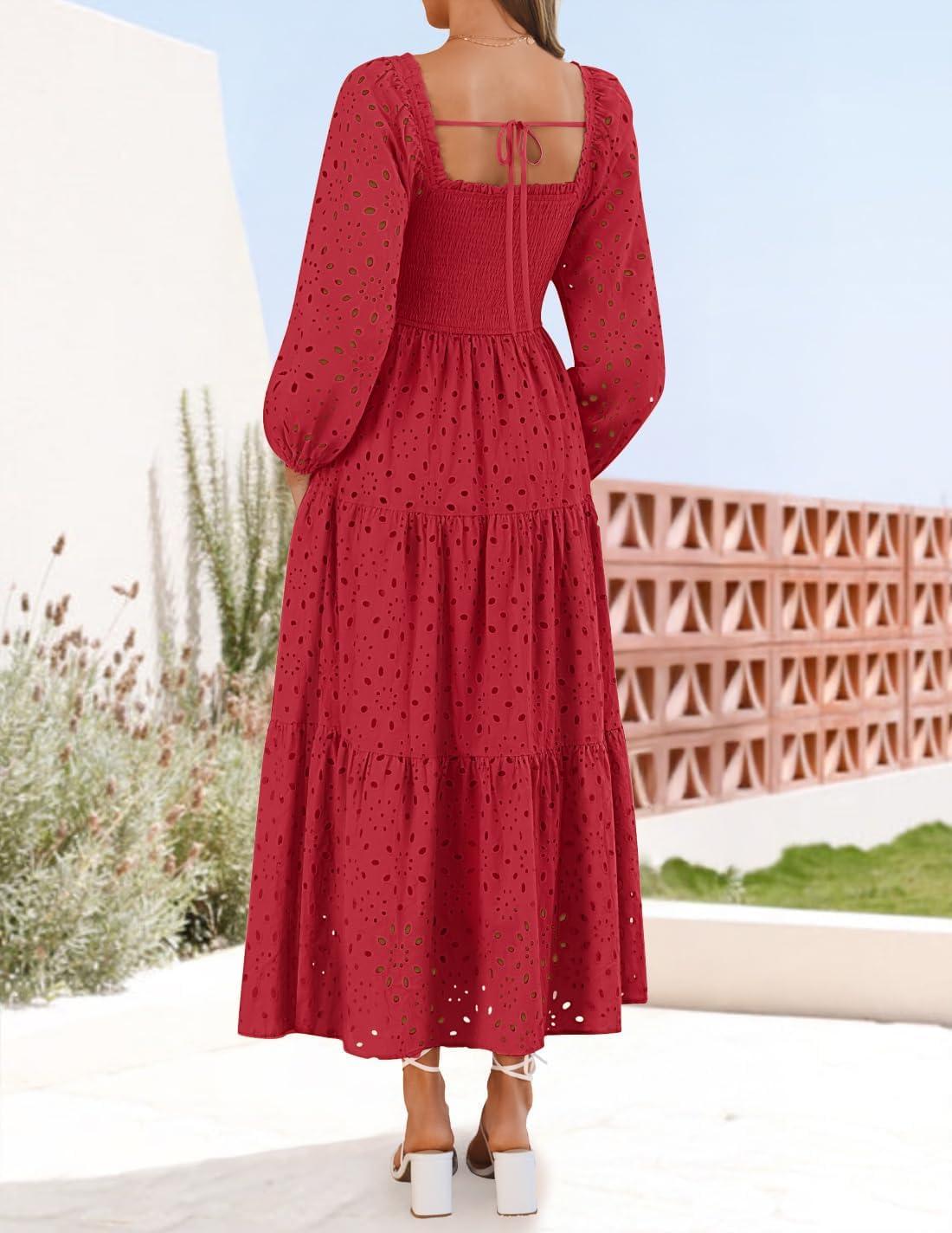 imageZESICA Womens Fall Long Sleeve Maxi Dresses 2026 Square Neck Hollow Out Eyelet Smocked A Line Cocktail Party DressRed