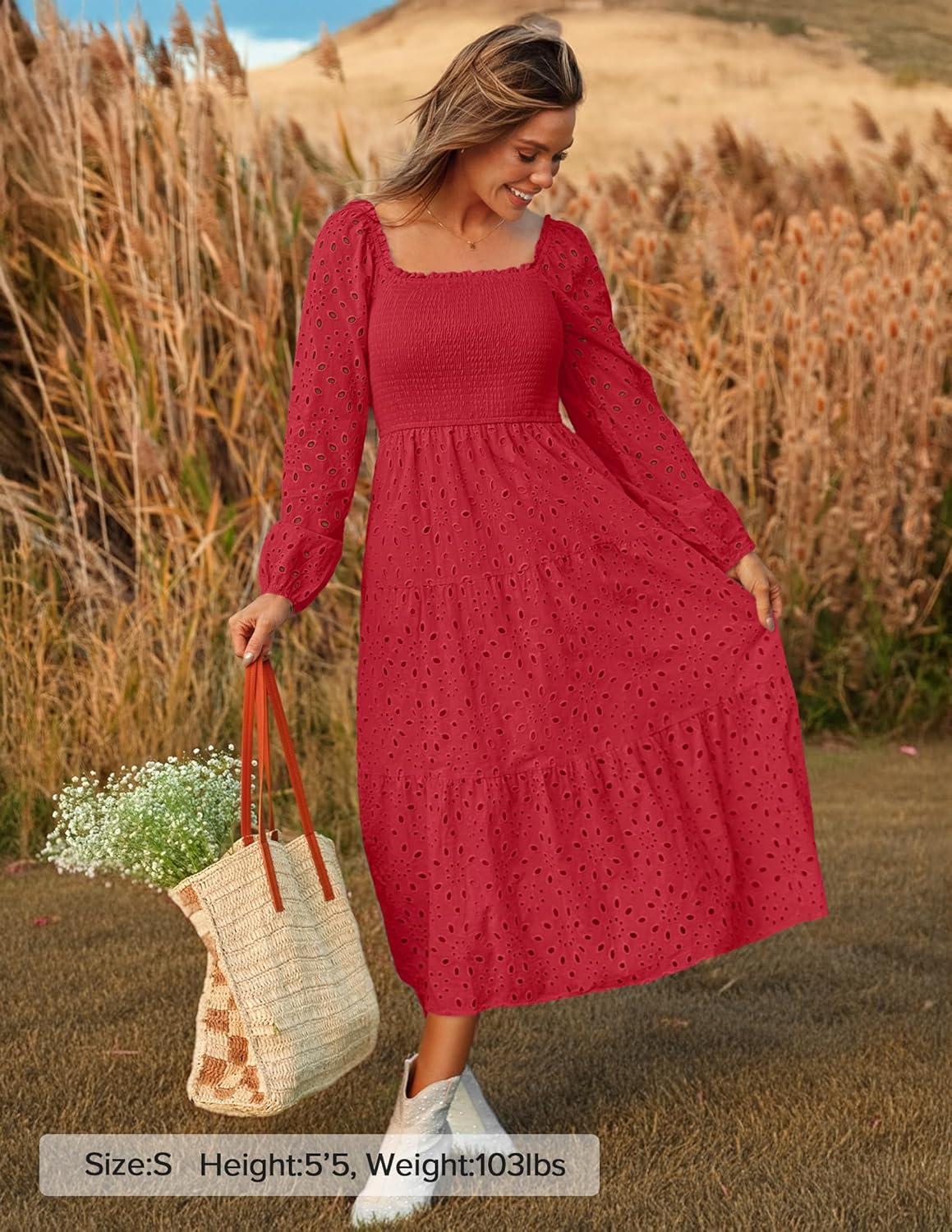 imageZESICA Womens Fall Long Sleeve Maxi Dresses 2026 Square Neck Hollow Out Eyelet Smocked A Line Cocktail Party DressRed