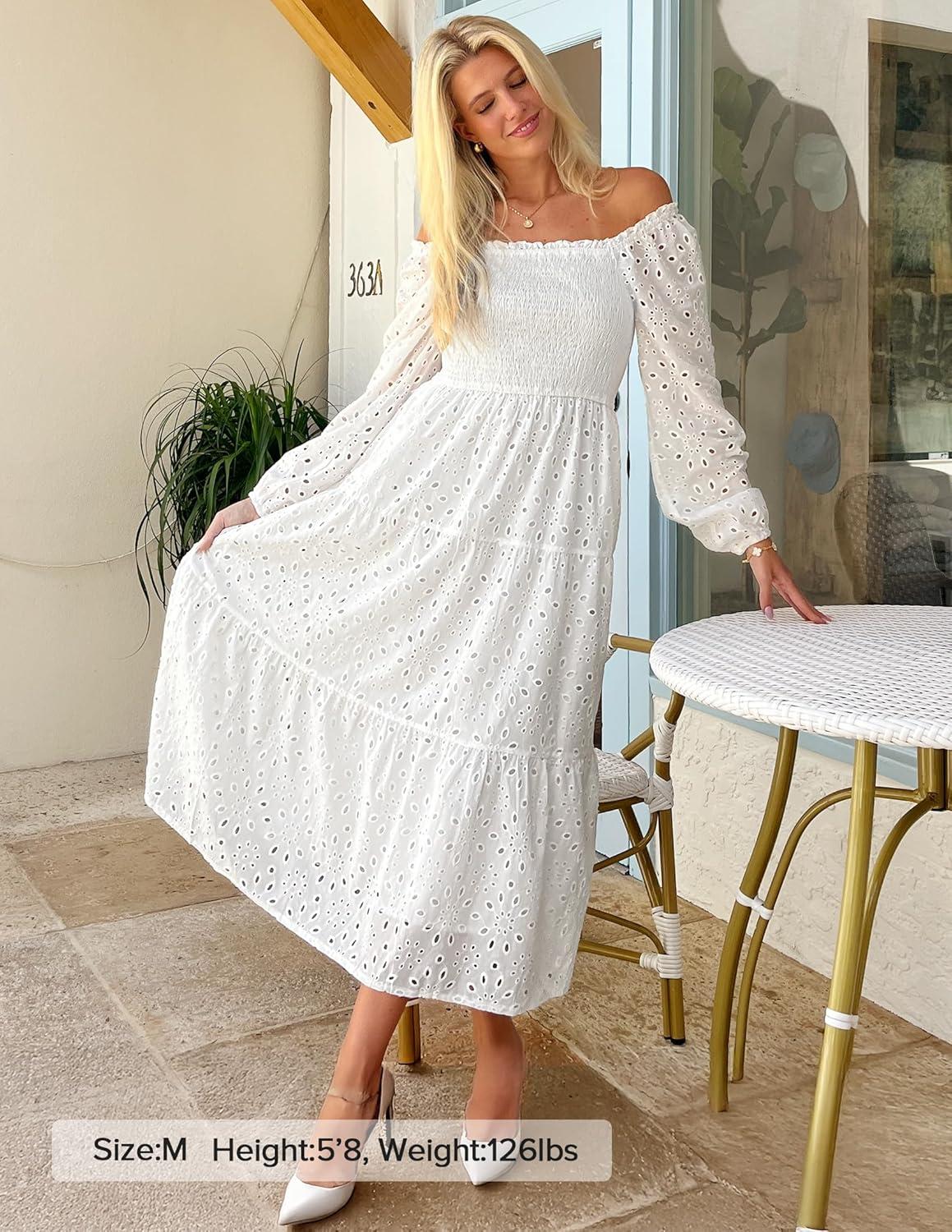 imageZESICA Womens Fall Long Sleeve Maxi Dresses 2026 Square Neck Hollow Out Eyelet Smocked A Line Cocktail Party DressWhite