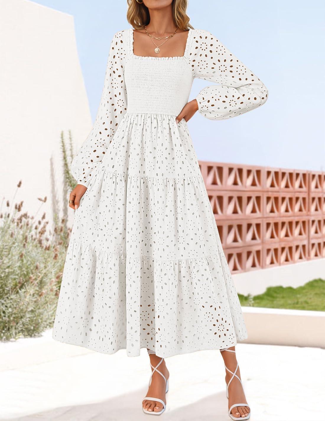 imageZESICA Womens Fall Long Sleeve Maxi Dresses 2026 Square Neck Hollow Out Eyelet Smocked A Line Cocktail Party DressWhite