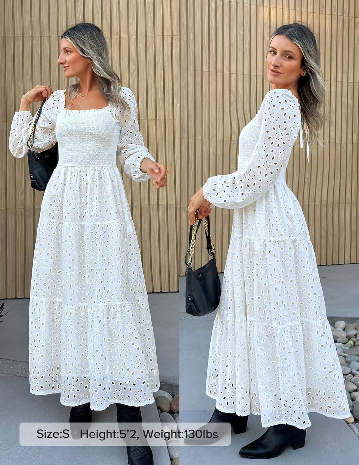 imageZESICA Womens Fall Long Sleeve Maxi Dresses 2026 Square Neck Hollow Out Eyelet Smocked A Line Cocktail Party DressWhite