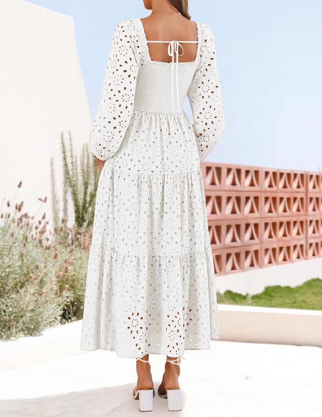 imageZESICA Womens Fall Long Sleeve Maxi Dresses 2026 Square Neck Hollow Out Eyelet Smocked A Line Cocktail Party DressWhite