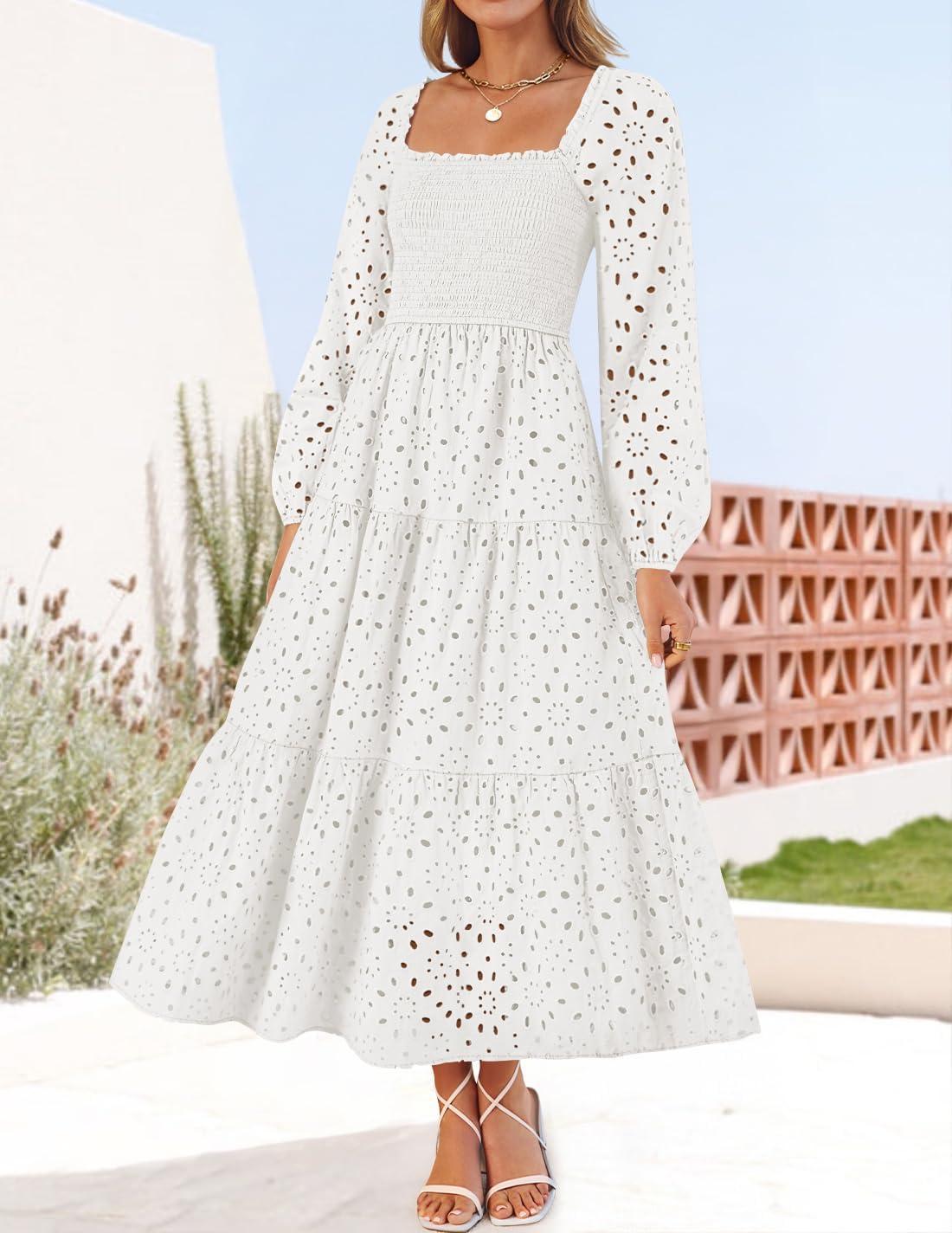 imageZESICA Womens Fall Long Sleeve Maxi Dresses 2026 Square Neck Hollow Out Eyelet Smocked A Line Cocktail Party DressWhite