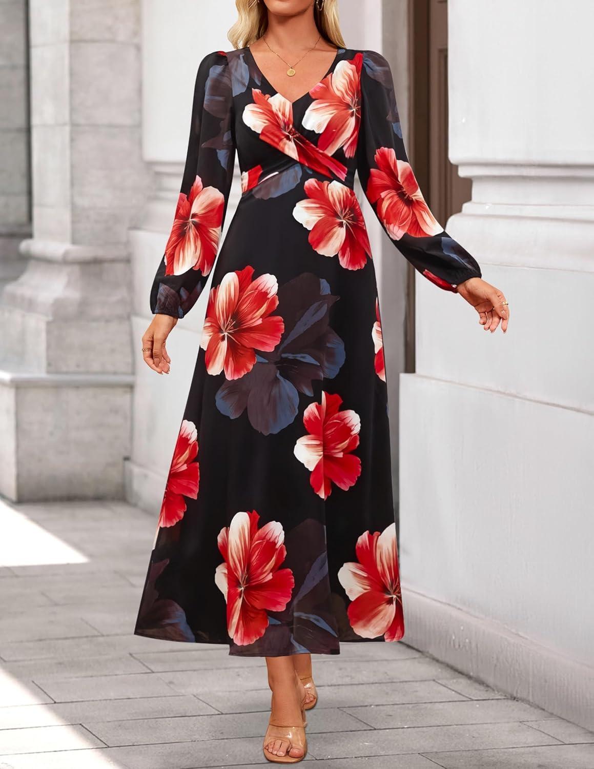 imageZESICA Womens Floral Long Sleeve Midi Dresses 2026 Fall Boho V Neck Belted High Wasit Flowy Wedding Cocktail Party DressBlack