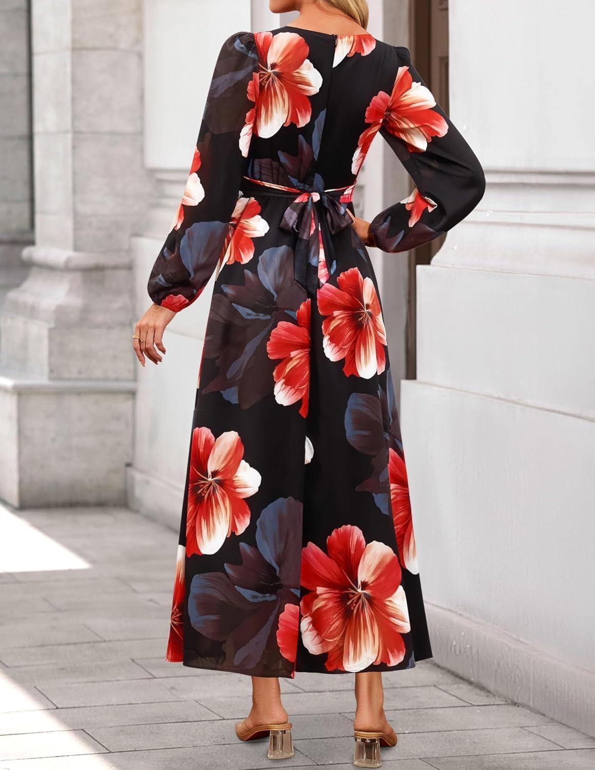 imageZESICA Womens Floral Long Sleeve Midi Dresses 2026 Fall Boho V Neck Belted High Wasit Flowy Wedding Cocktail Party DressBlack