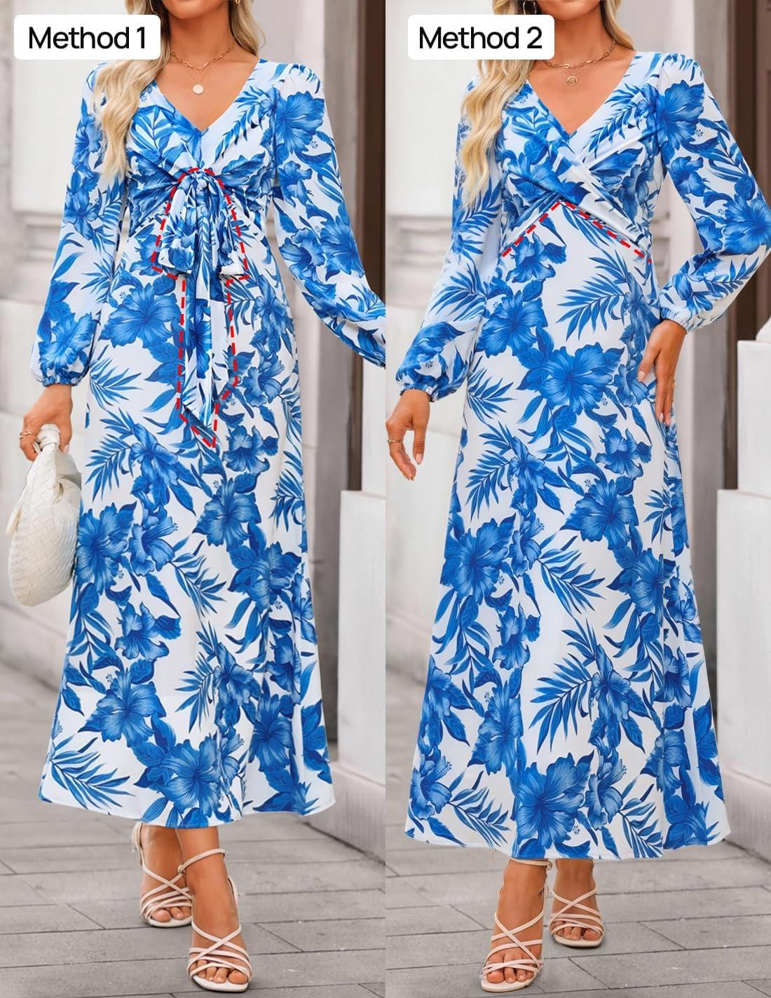 imageZESICA Womens Floral Long Sleeve Midi Dresses 2026 Fall Boho V Neck Belted High Wasit Flowy Wedding Cocktail Party DressBlue