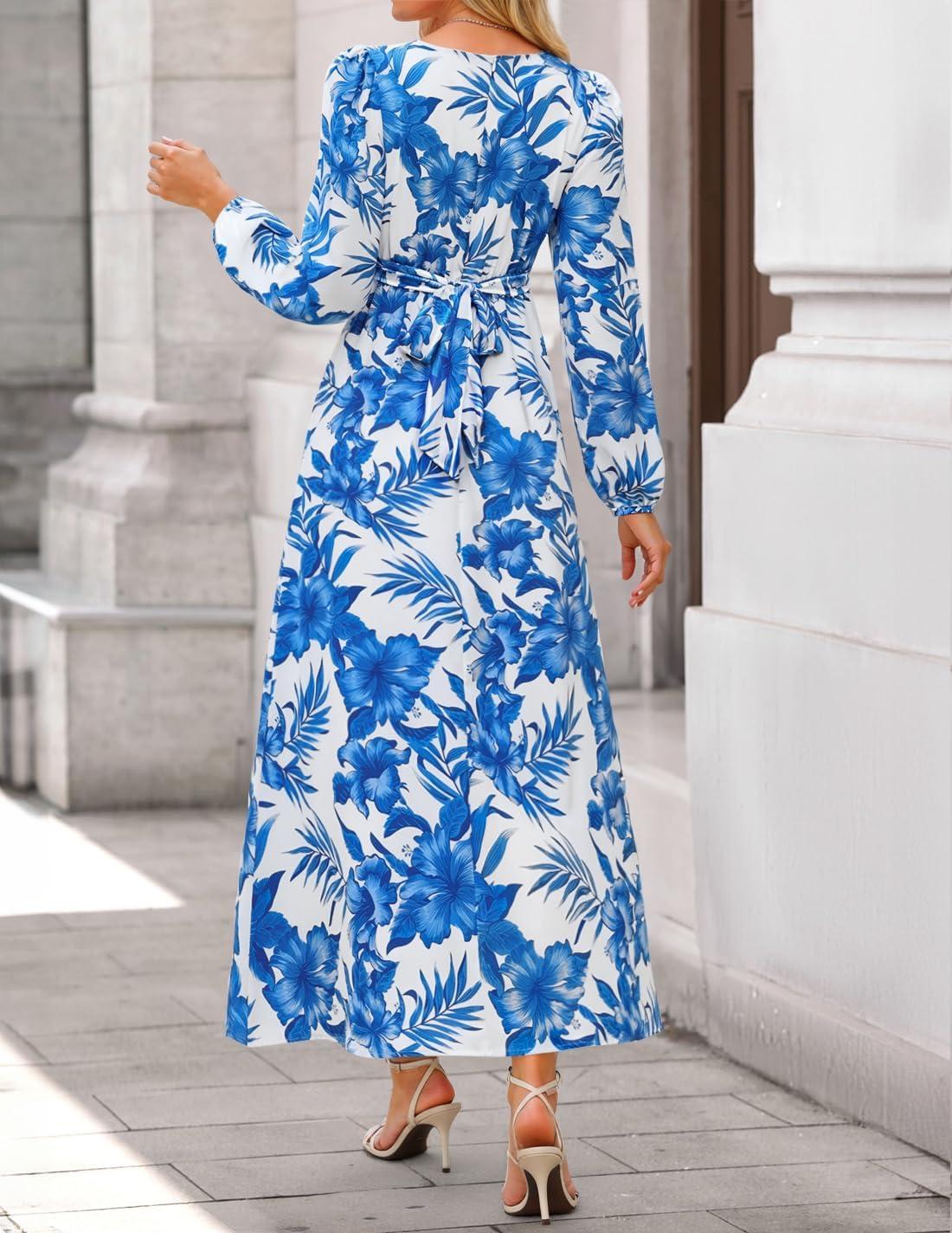 imageZESICA Womens Floral Long Sleeve Midi Dresses 2026 Fall Boho V Neck Belted High Wasit Flowy Wedding Cocktail Party DressBlue