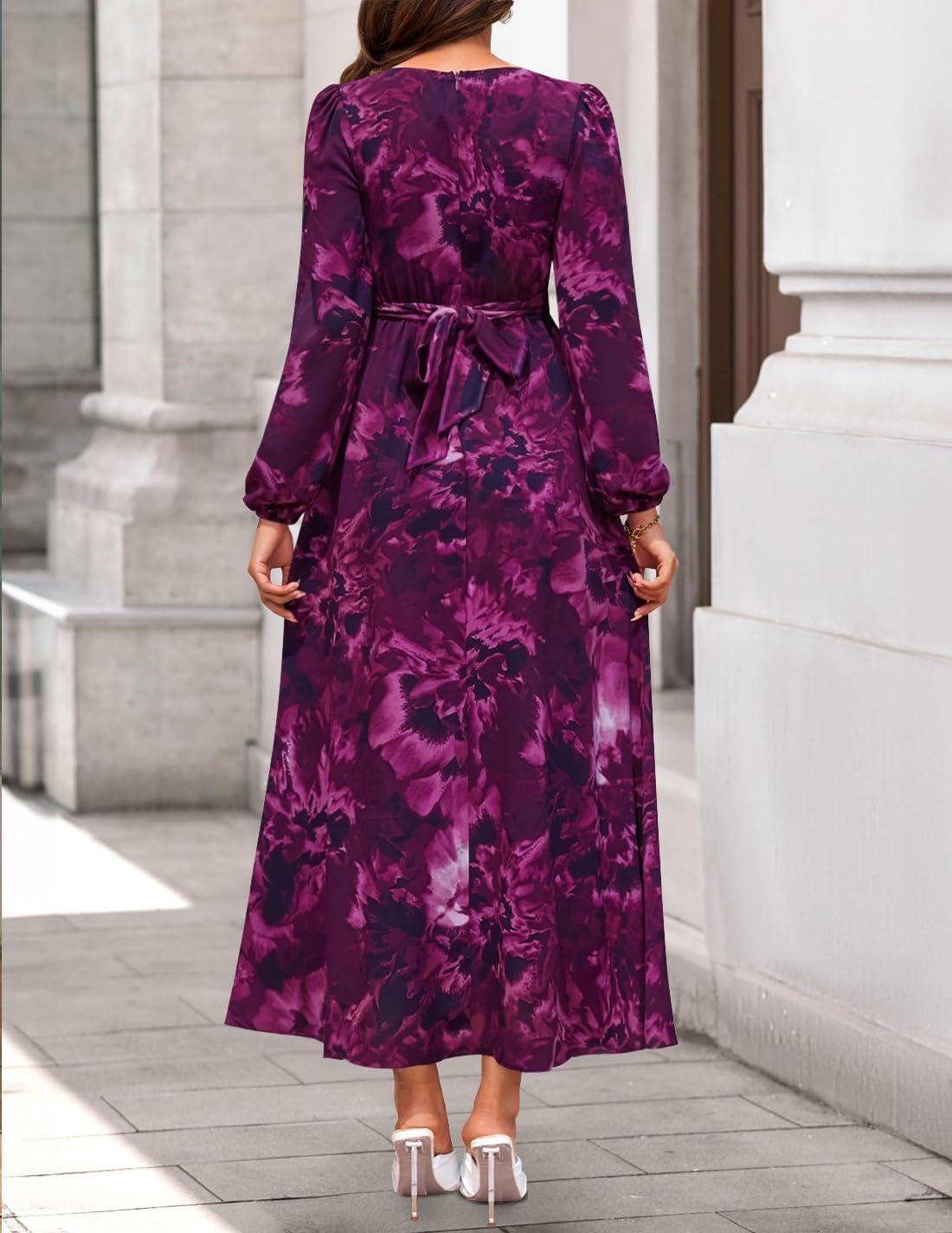 imageZESICA Womens Floral Long Sleeve Midi Dresses 2026 Fall Boho V Neck Belted High Wasit Flowy Wedding Cocktail Party DressDarkpurple