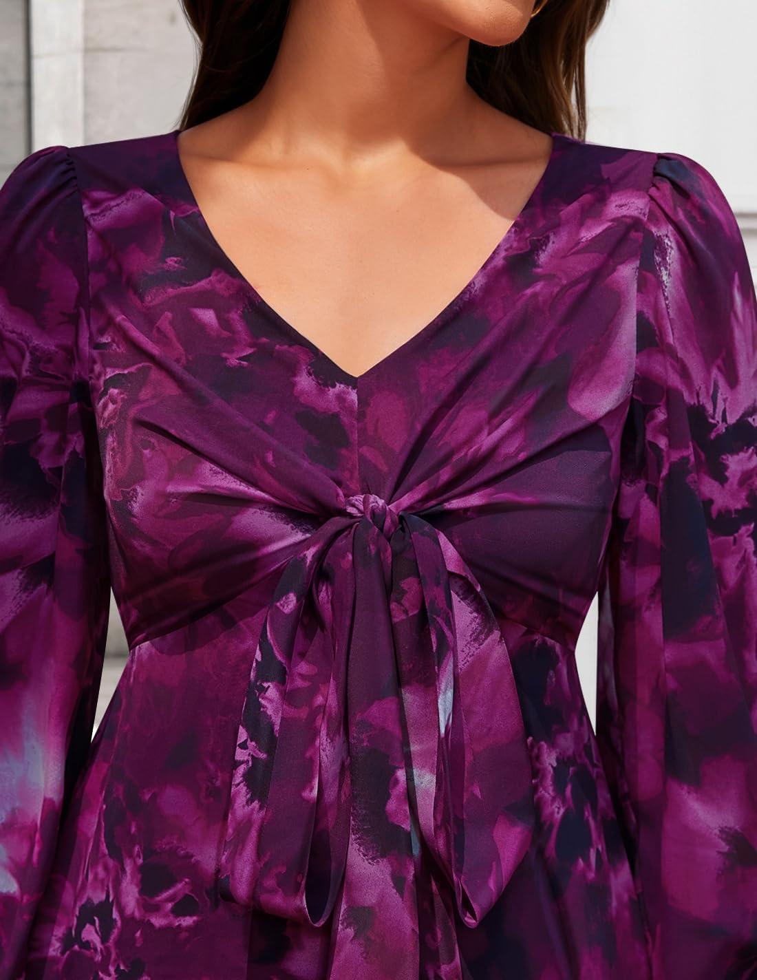 imageZESICA Womens Floral Long Sleeve Midi Dresses 2026 Fall Boho V Neck Belted High Wasit Flowy Wedding Cocktail Party DressDarkpurple