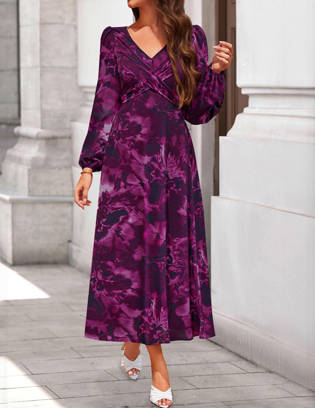 imageZESICA Womens Floral Long Sleeve Midi Dresses 2026 Fall Boho V Neck Belted High Wasit Flowy Wedding Cocktail Party DressDarkpurple