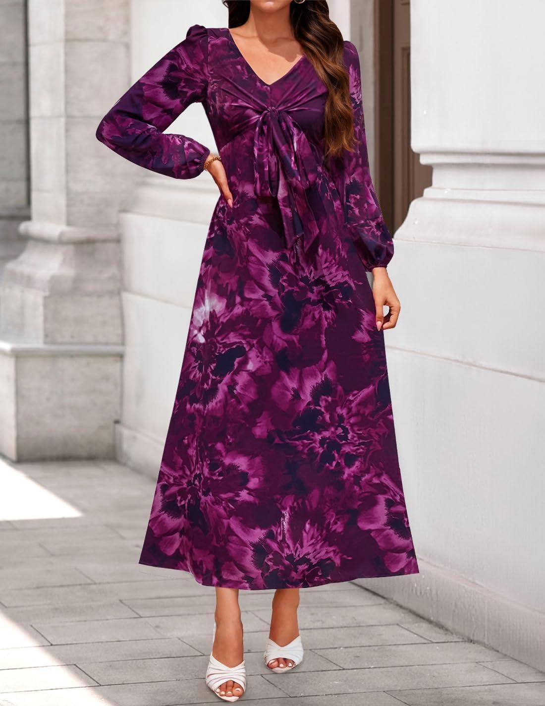 imageZESICA Womens Floral Long Sleeve Midi Dresses 2026 Fall Boho V Neck Belted High Wasit Flowy Wedding Cocktail Party DressDarkpurple
