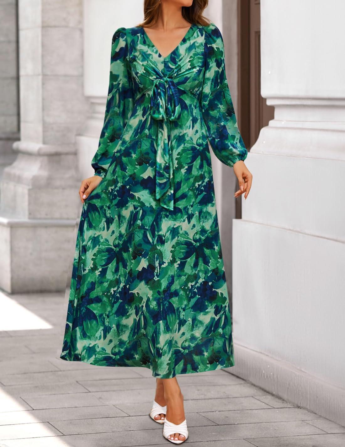 imageZESICA Womens Floral Long Sleeve Midi Dresses 2026 Fall Boho V Neck Belted High Wasit Flowy Wedding Cocktail Party DressGreen