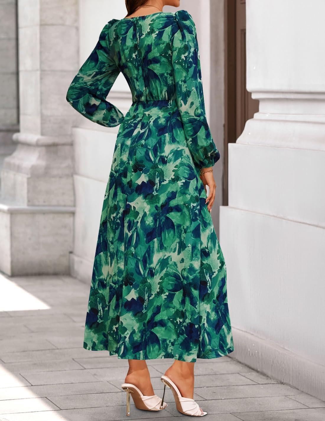 imageZESICA Womens Floral Long Sleeve Midi Dresses 2026 Fall Boho V Neck Belted High Wasit Flowy Wedding Cocktail Party DressGreen