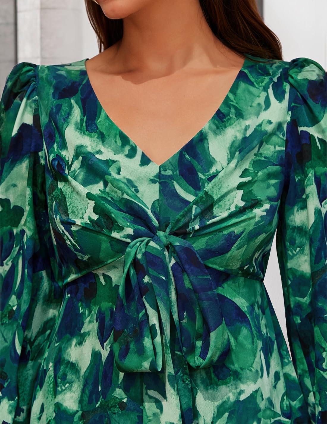imageZESICA Womens Floral Long Sleeve Midi Dresses 2026 Fall Boho V Neck Belted High Wasit Flowy Wedding Cocktail Party DressGreen