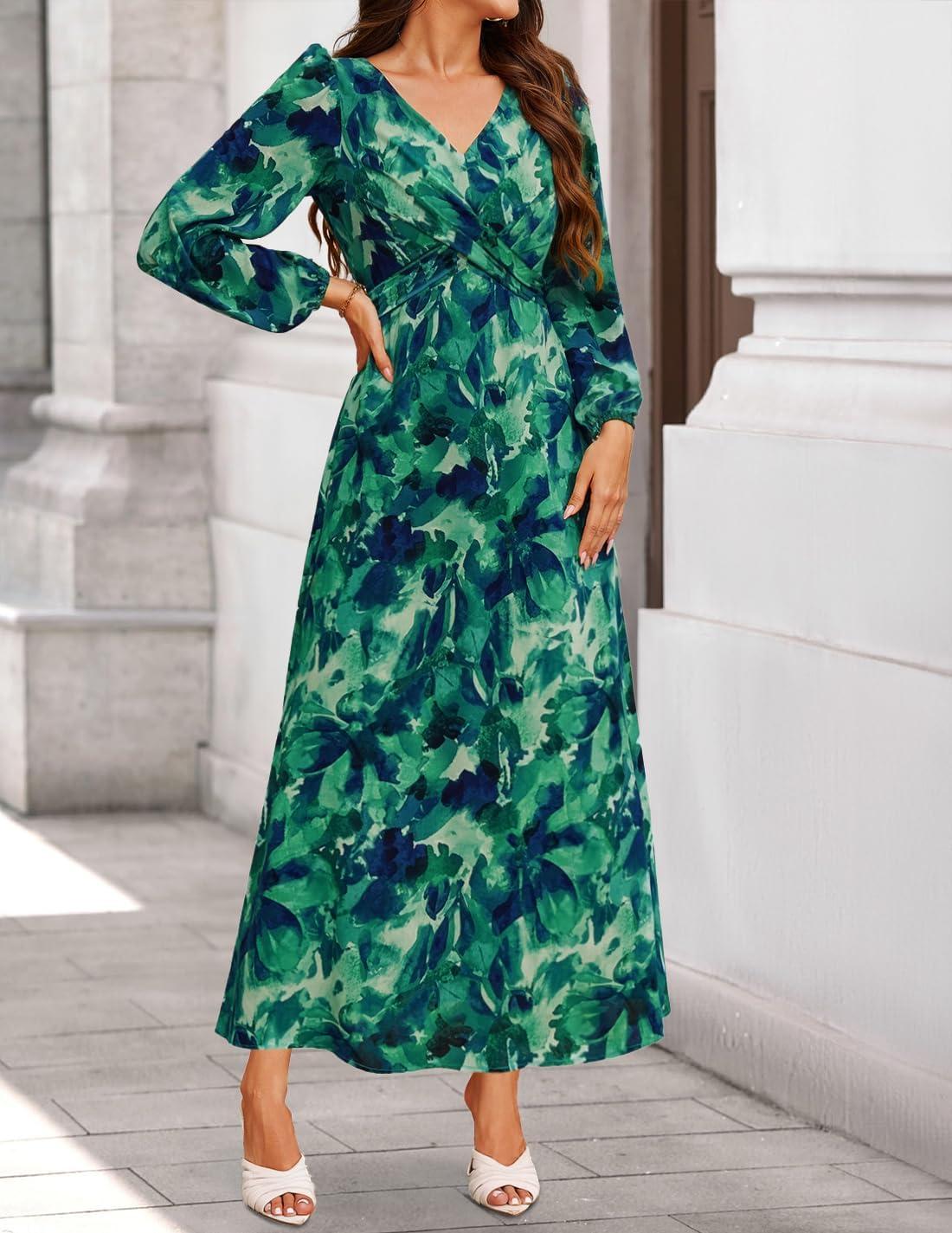 imageZESICA Womens Floral Long Sleeve Midi Dresses 2026 Fall Boho V Neck Belted High Wasit Flowy Wedding Cocktail Party DressGreen