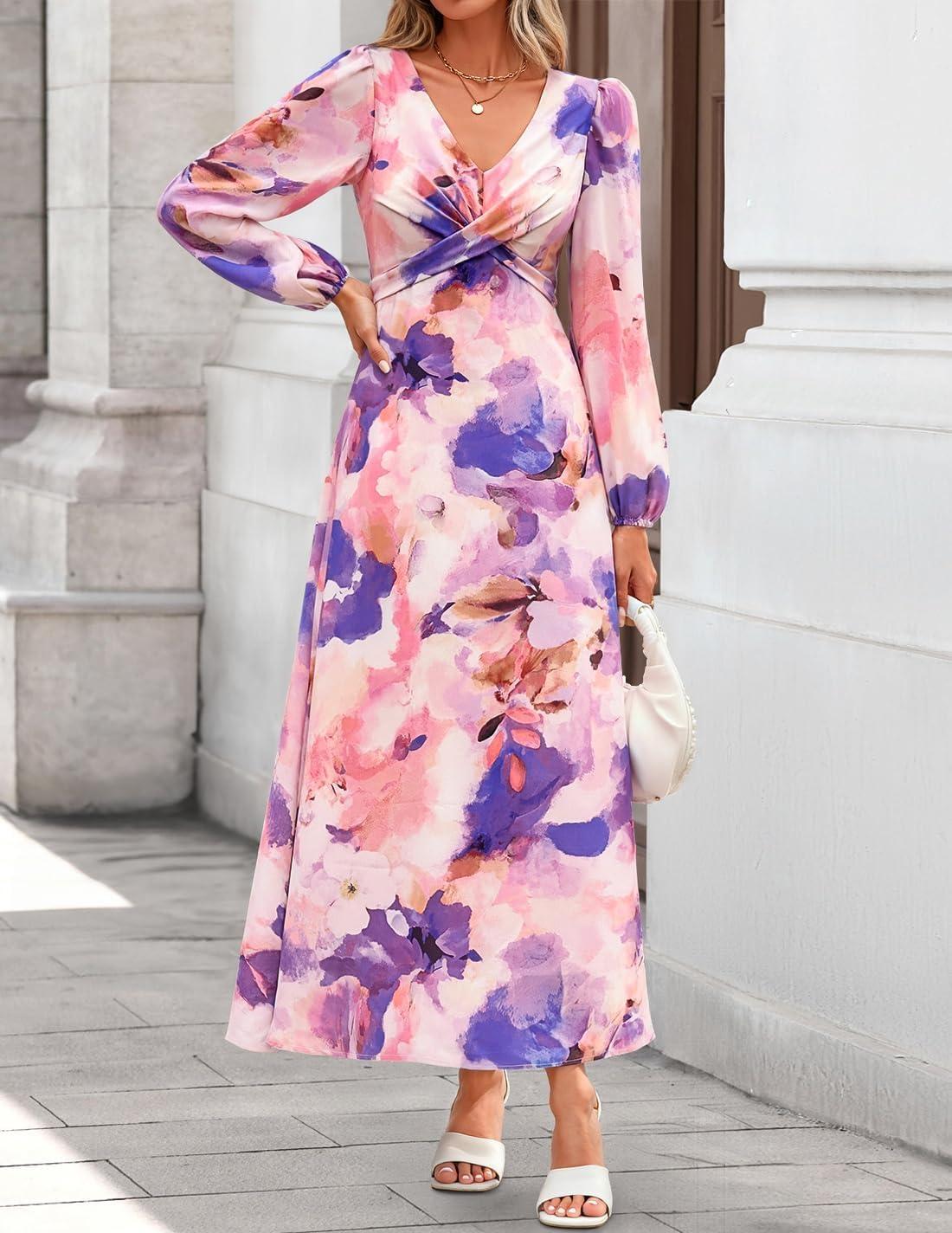 imageZESICA Womens Floral Long Sleeve Midi Dresses 2026 Fall Boho V Neck Belted High Wasit Flowy Wedding Cocktail Party DressPurple