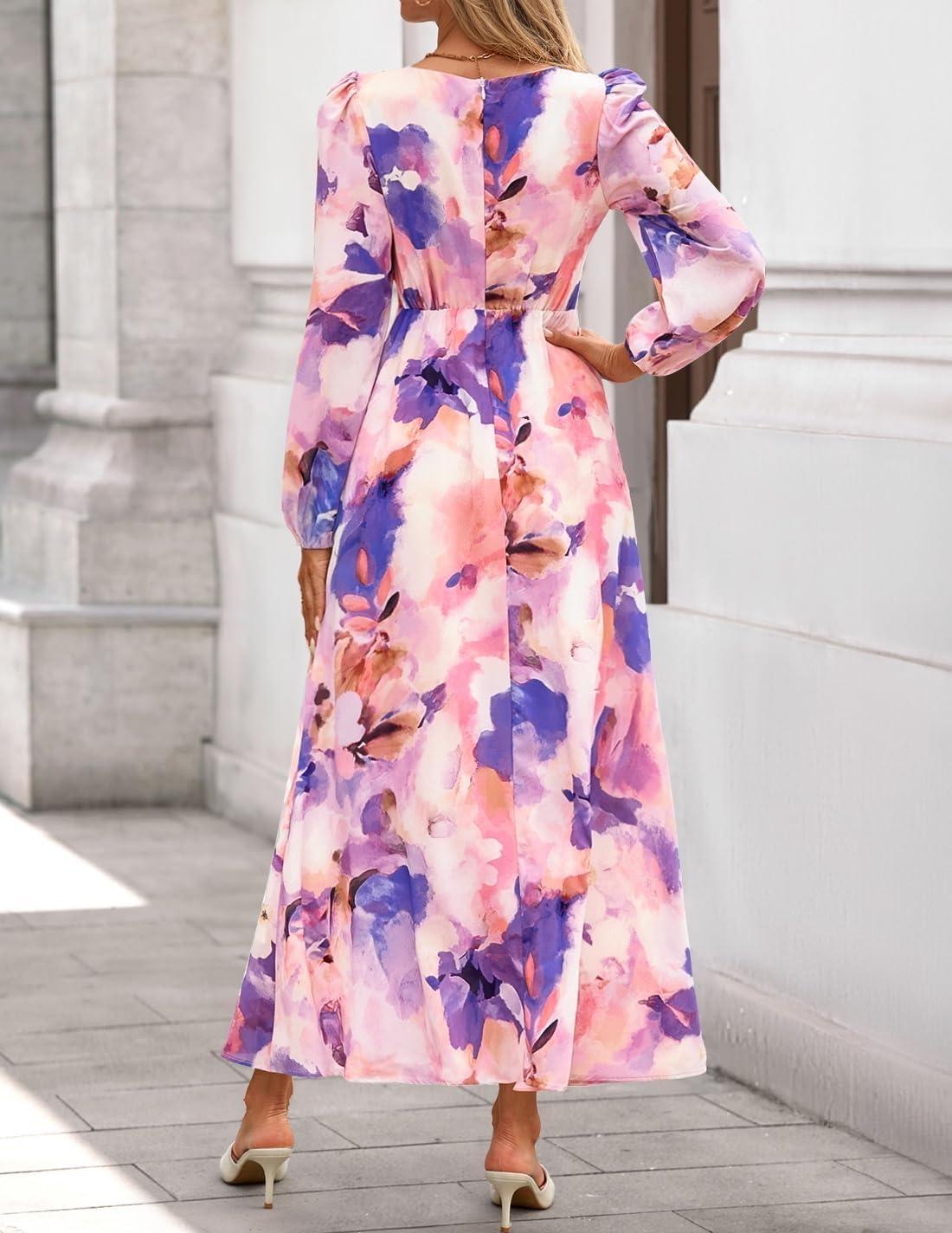 imageZESICA Womens Floral Long Sleeve Midi Dresses 2026 Fall Boho V Neck Belted High Wasit Flowy Wedding Cocktail Party DressPurple
