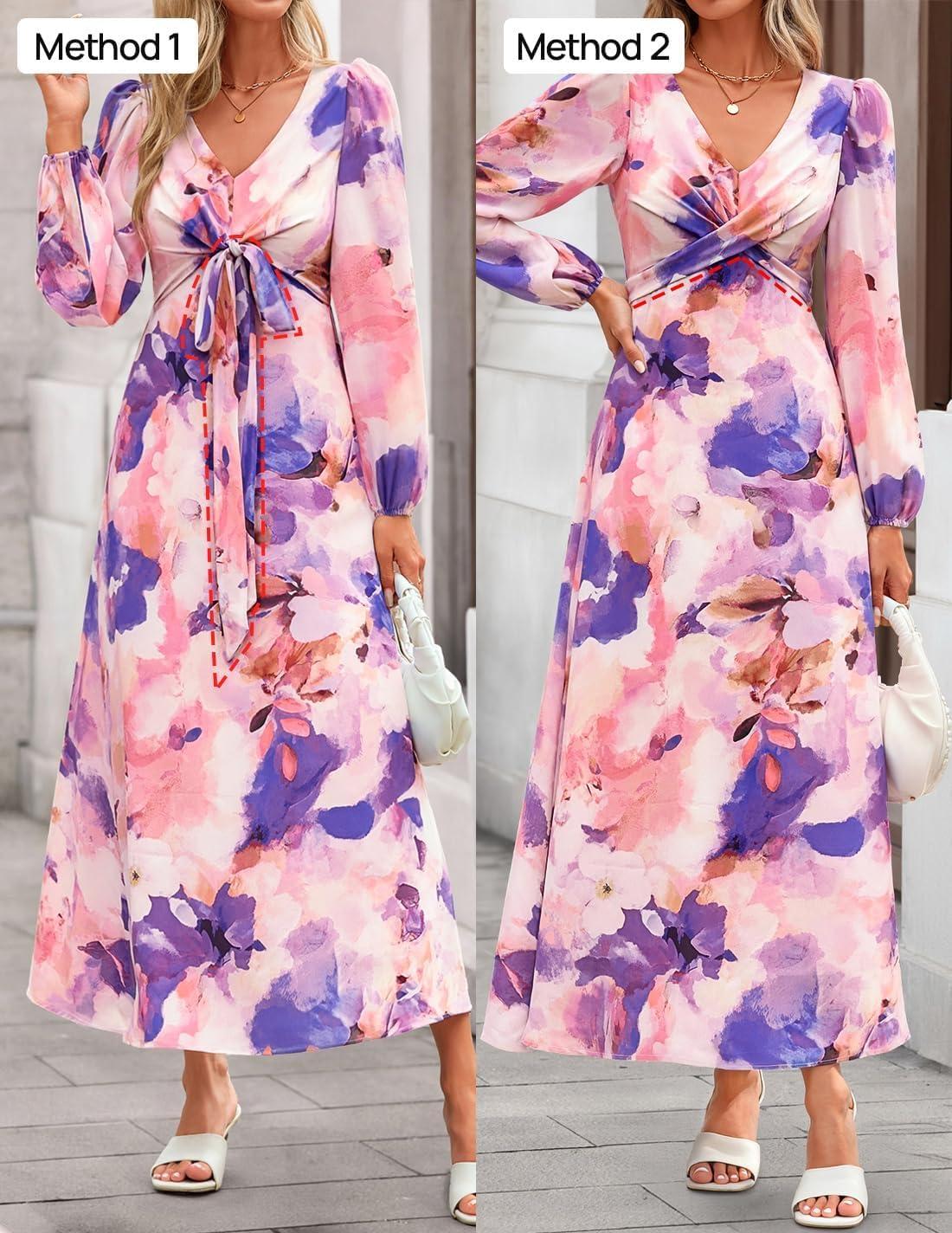 imageZESICA Womens Floral Long Sleeve Midi Dresses 2026 Fall Boho V Neck Belted High Wasit Flowy Wedding Cocktail Party DressPurple