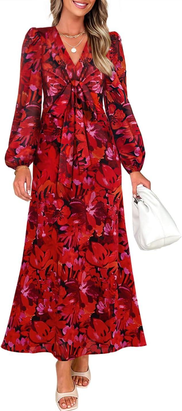 imageZESICA Womens Floral Long Sleeve Midi Dresses 2026 Fall Boho V Neck Belted High Wasit Flowy Wedding Cocktail Party DressRed