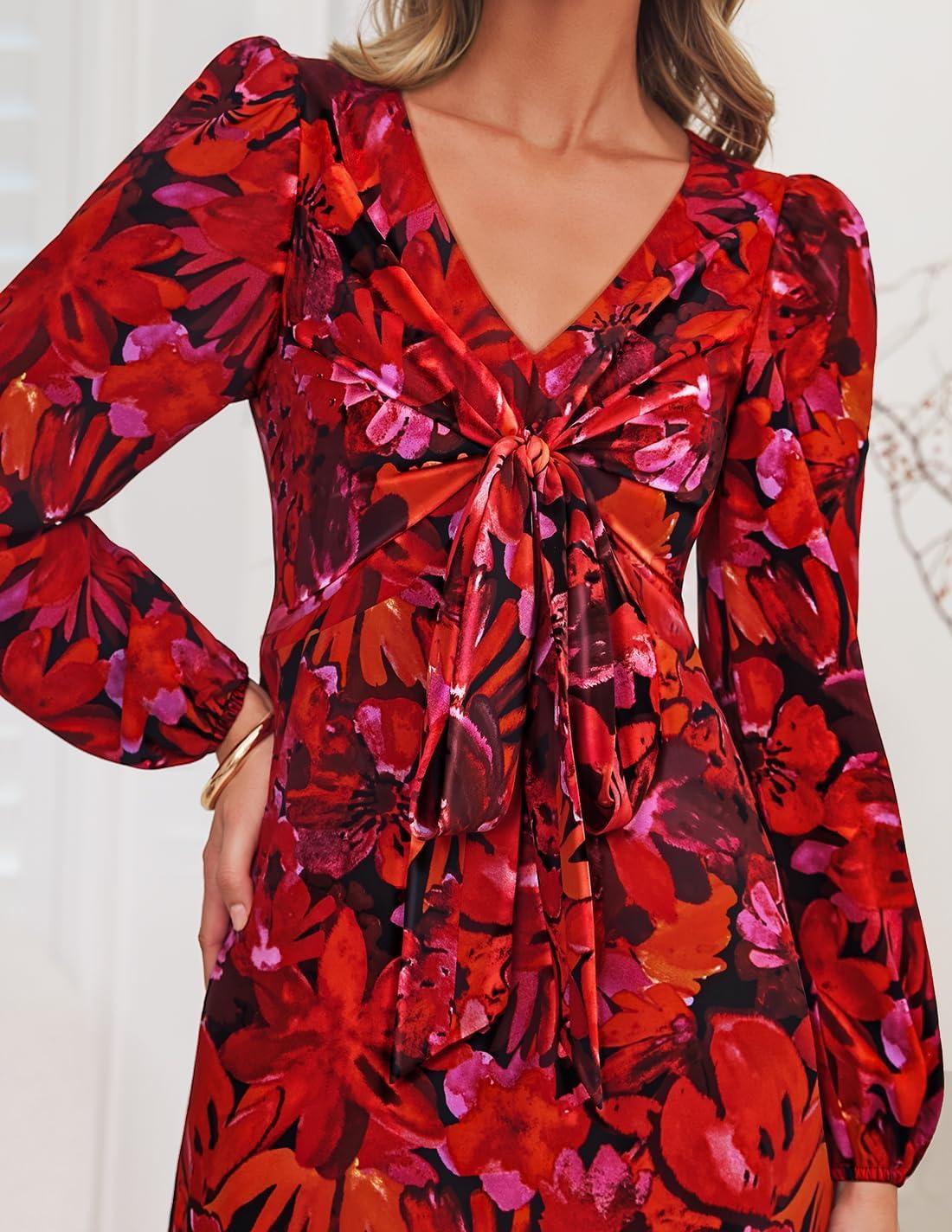 imageZESICA Womens Floral Long Sleeve Midi Dresses 2026 Fall Boho V Neck Belted High Wasit Flowy Wedding Cocktail Party DressRed