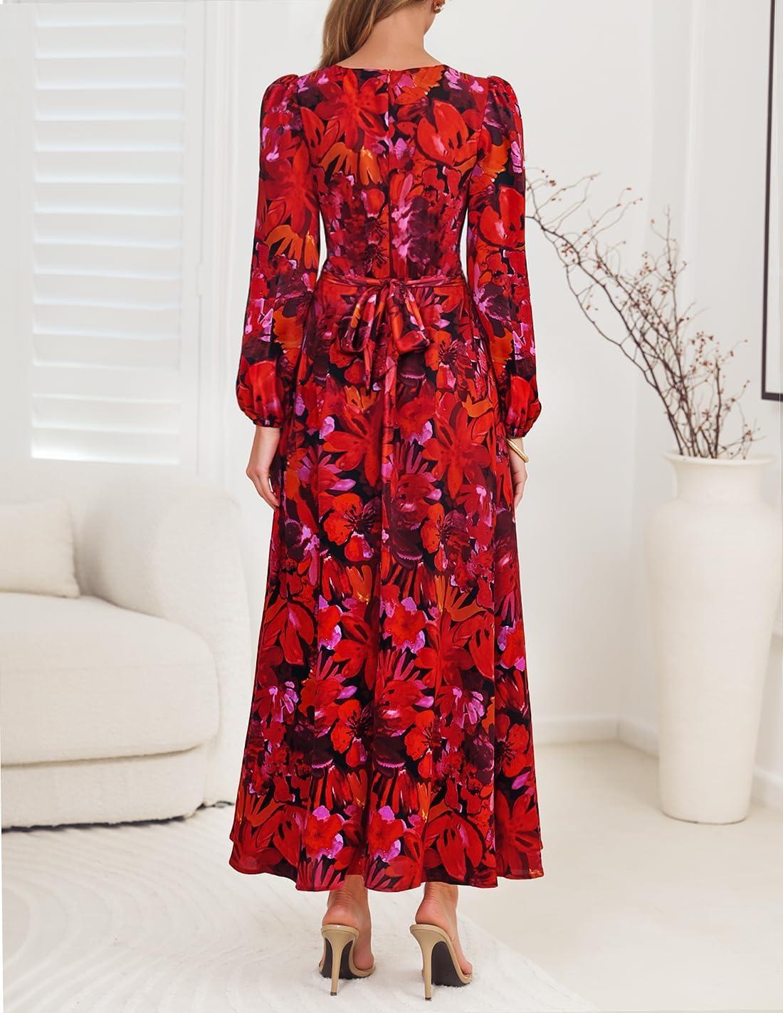 imageZESICA Womens Floral Long Sleeve Midi Dresses 2026 Fall Boho V Neck Belted High Wasit Flowy Wedding Cocktail Party DressRed