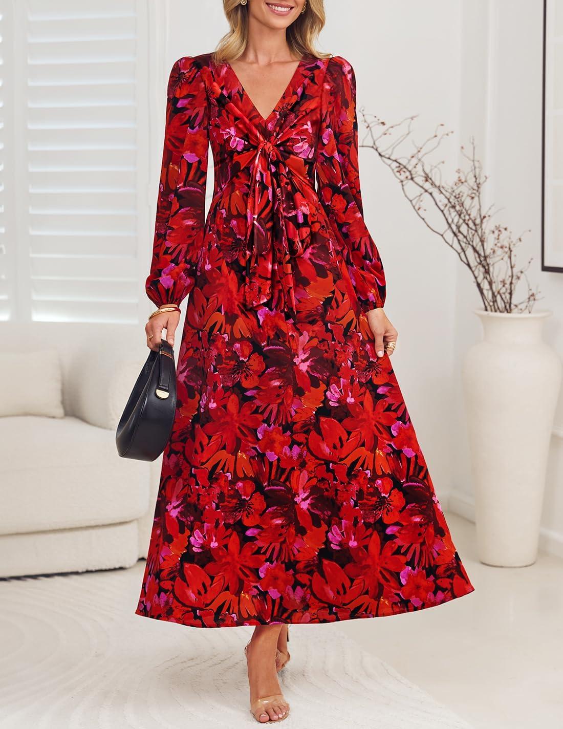 imageZESICA Womens Floral Long Sleeve Midi Dresses 2026 Fall Boho V Neck Belted High Wasit Flowy Wedding Cocktail Party DressRed