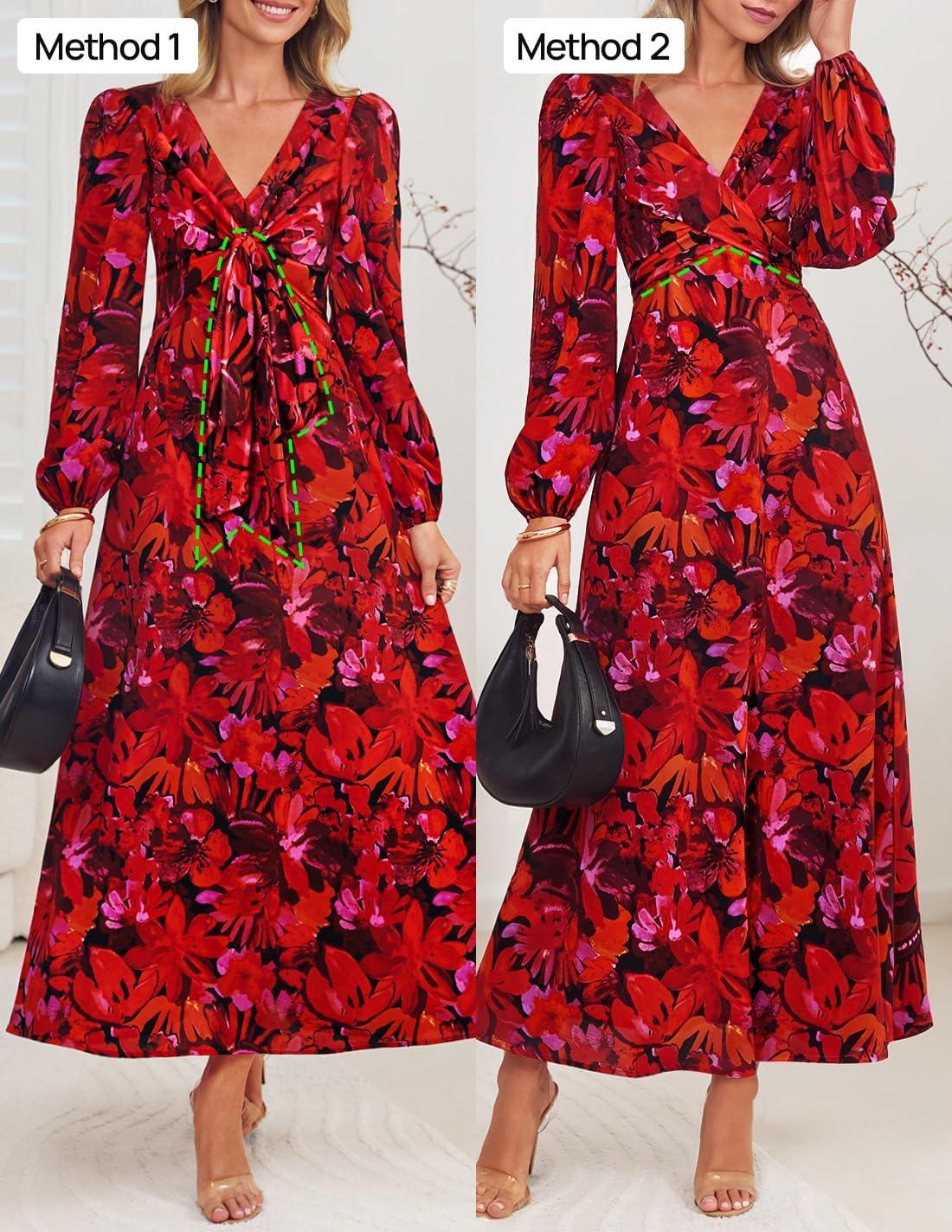 imageZESICA Womens Floral Long Sleeve Midi Dresses 2026 Fall Boho V Neck Belted High Wasit Flowy Wedding Cocktail Party DressRed