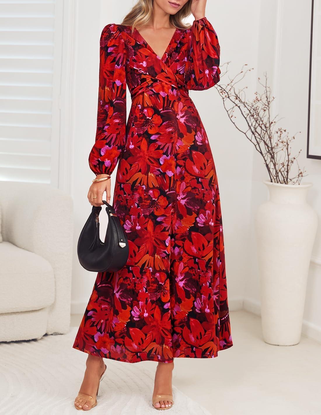 imageZESICA Womens Floral Long Sleeve Midi Dresses 2026 Fall Boho V Neck Belted High Wasit Flowy Wedding Cocktail Party DressRed