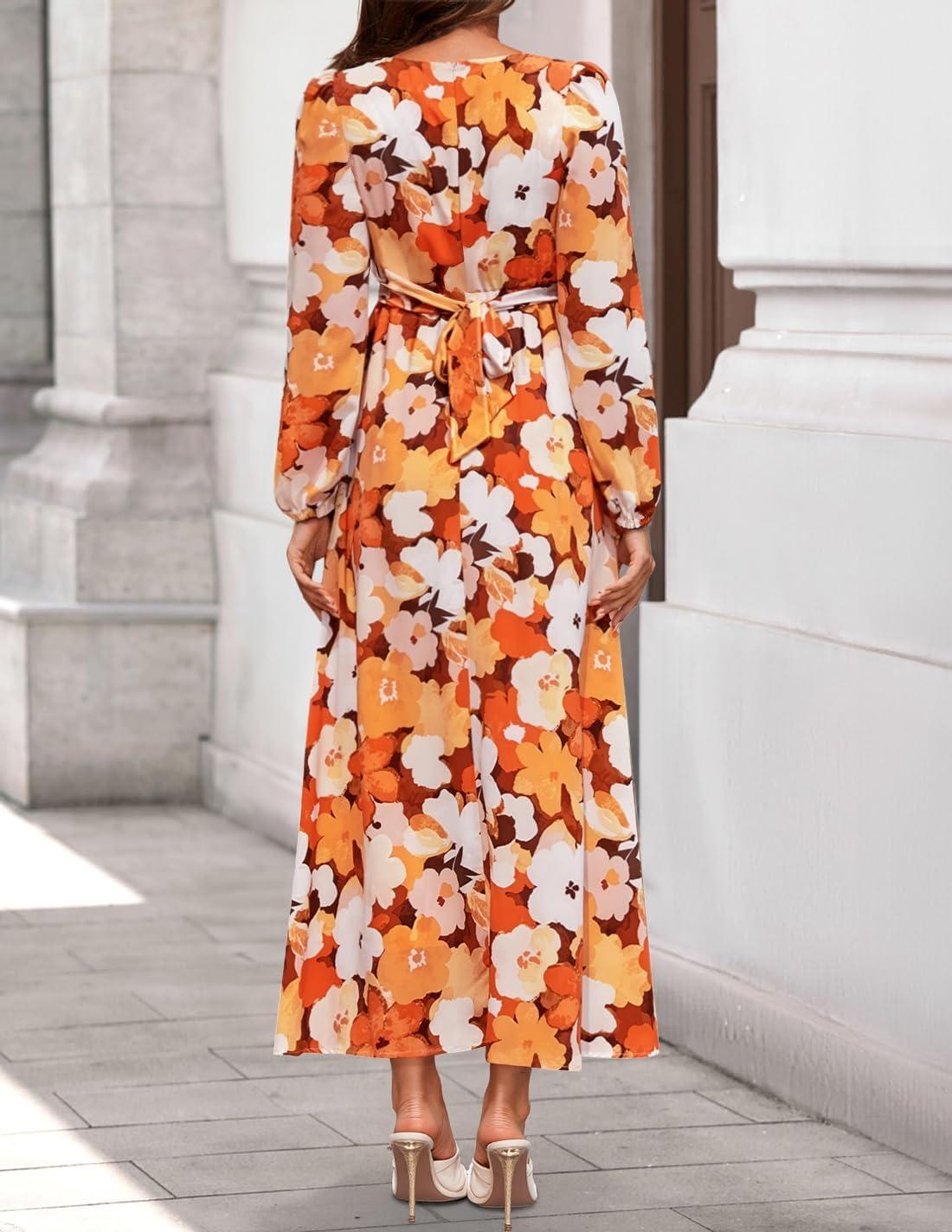 imageZESICA Womens Floral Long Sleeve Midi Dresses 2026 Fall Boho V Neck Belted High Wasit Flowy Wedding Cocktail Party DressTangerine