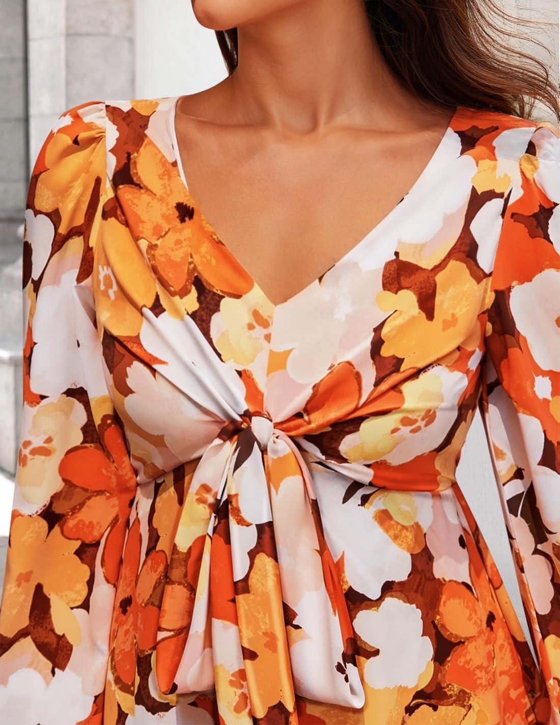 imageZESICA Womens Floral Long Sleeve Midi Dresses 2026 Fall Boho V Neck Belted High Wasit Flowy Wedding Cocktail Party DressTangerine