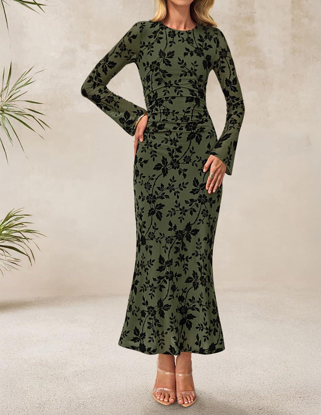 imageZESICA Womens Long Sleeve Floral Bodycon Dress 2026 Spring Fall Ruched Mesh Wedding Guest Cocktail Party Maxi DressesArmy Green