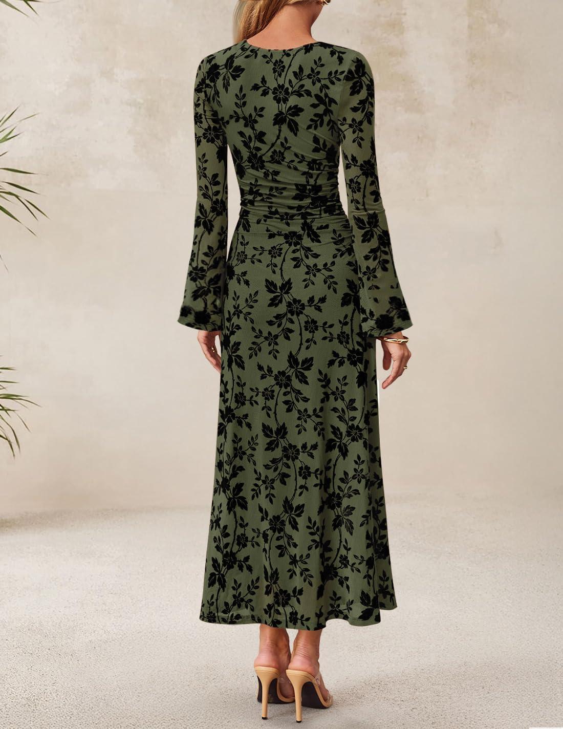 imageZESICA Womens Long Sleeve Floral Bodycon Dress 2026 Spring Fall Ruched Mesh Wedding Guest Cocktail Party Maxi DressesArmy Green
