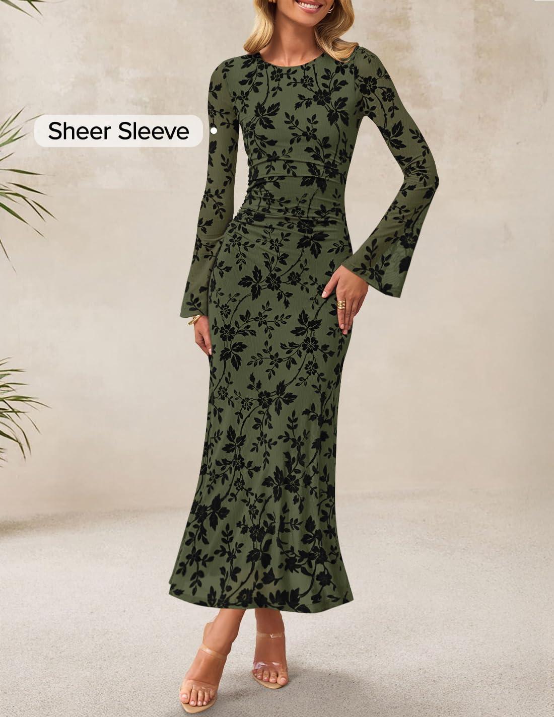 imageZESICA Womens Long Sleeve Floral Bodycon Dress 2026 Spring Fall Ruched Mesh Wedding Guest Cocktail Party Maxi DressesArmy Green