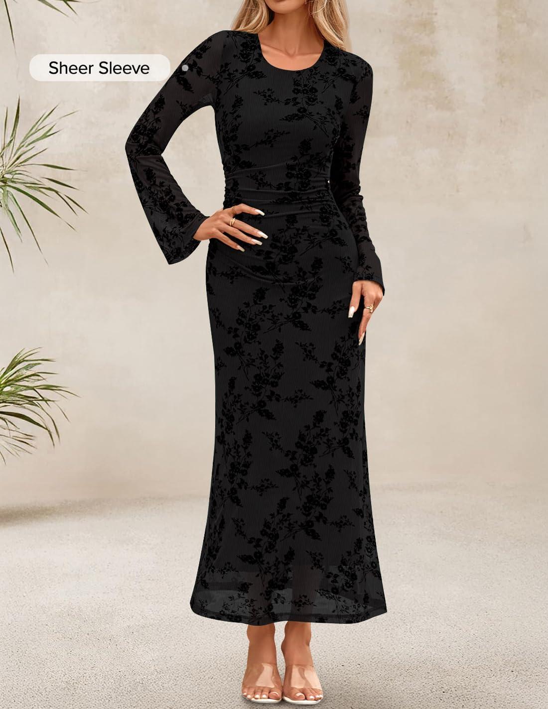 imageZESICA Womens Long Sleeve Floral Bodycon Dress 2026 Spring Fall Ruched Mesh Wedding Guest Cocktail Party Maxi DressesBlack