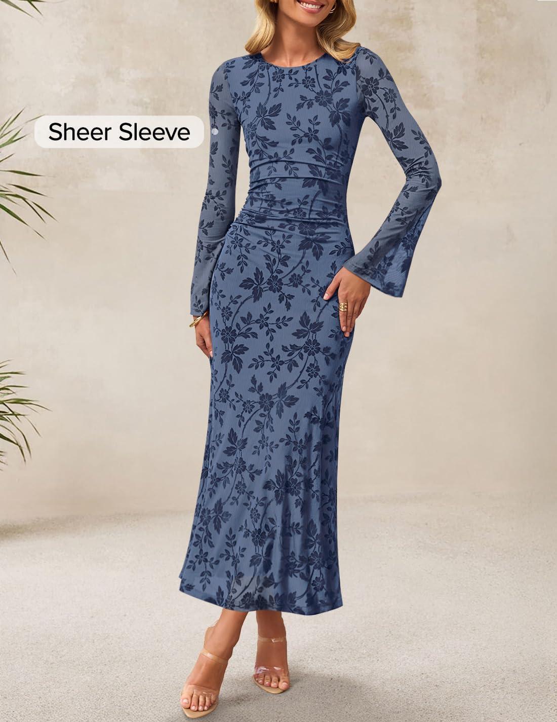 imageZESICA Womens Long Sleeve Floral Bodycon Dress 2026 Spring Fall Ruched Mesh Wedding Guest Cocktail Party Maxi DressesDusty Blue