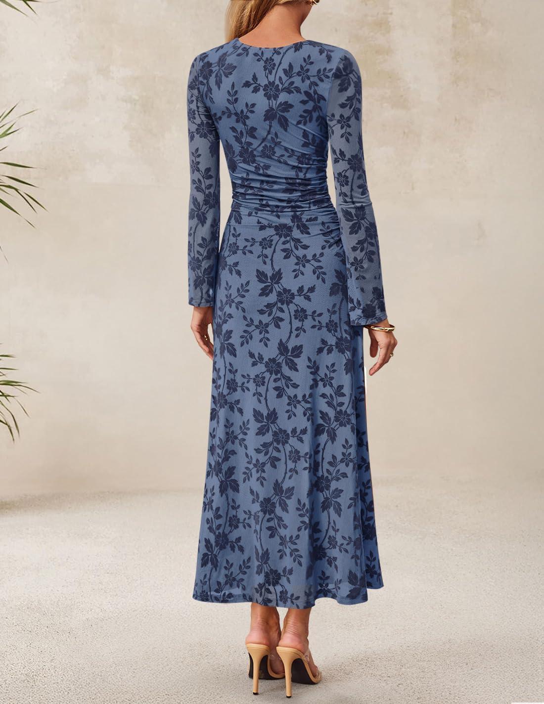 imageZESICA Womens Long Sleeve Floral Bodycon Dress 2026 Spring Fall Ruched Mesh Wedding Guest Cocktail Party Maxi DressesDusty Blue