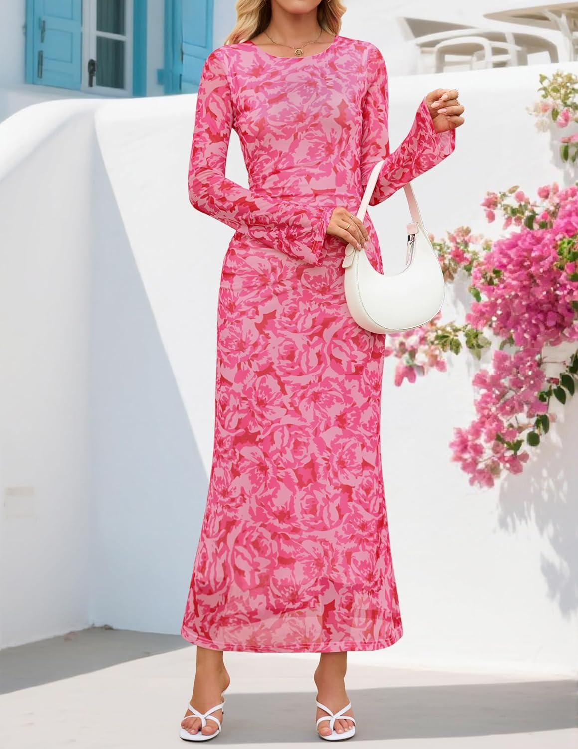 imageZESICA Womens Long Sleeve Floral Bodycon Dress 2026 Spring Fall Ruched Mesh Wedding Guest Cocktail Party Maxi DressesFloral Rose