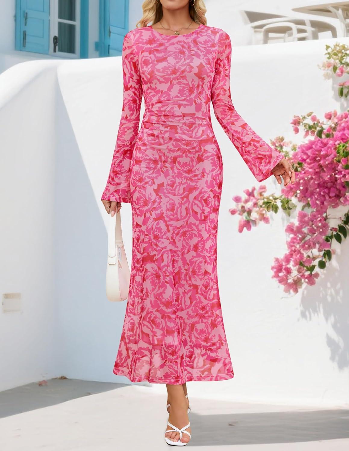 imageZESICA Womens Long Sleeve Floral Bodycon Dress 2026 Spring Fall Ruched Mesh Wedding Guest Cocktail Party Maxi DressesFloral Rose