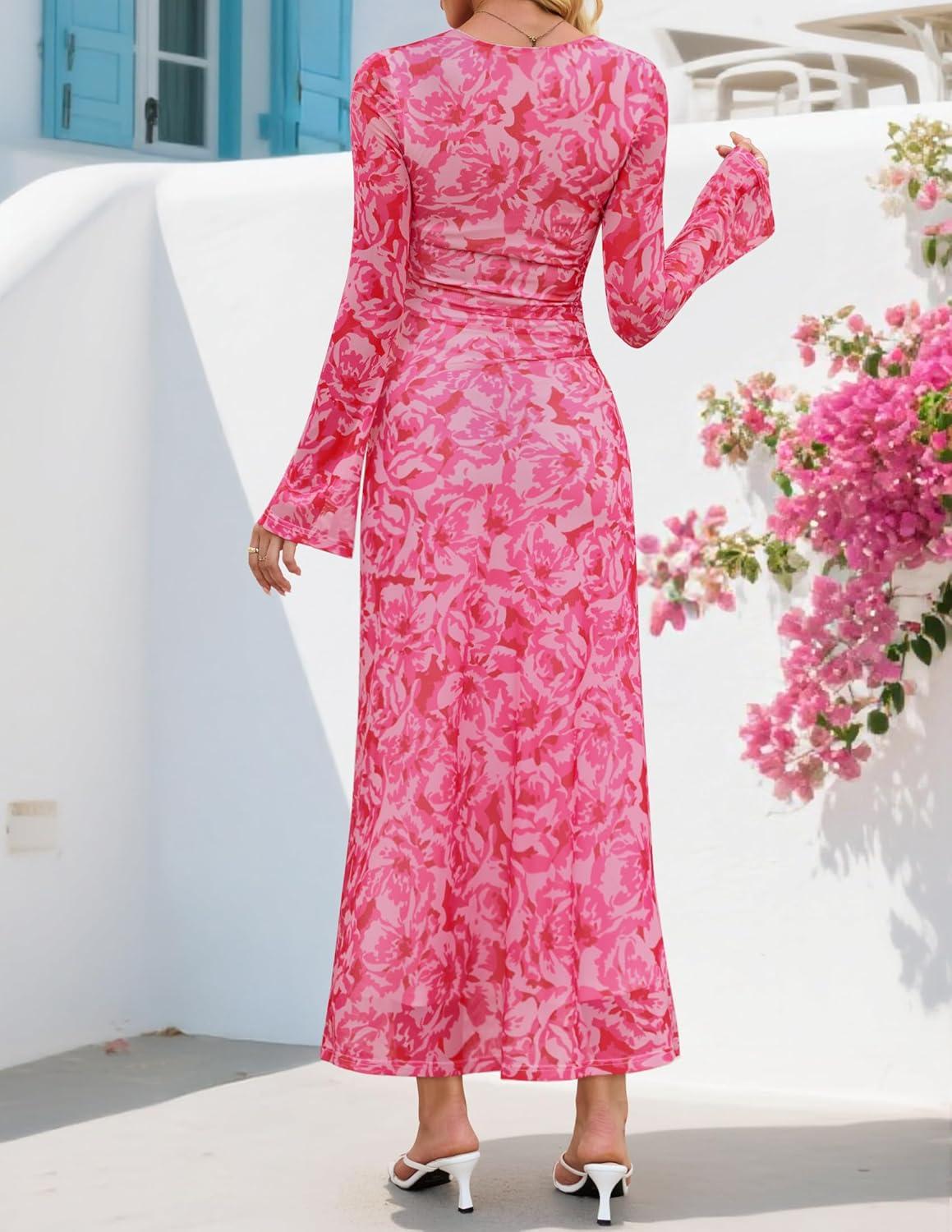 imageZESICA Womens Long Sleeve Floral Bodycon Dress 2026 Spring Fall Ruched Mesh Wedding Guest Cocktail Party Maxi DressesFloral Rose