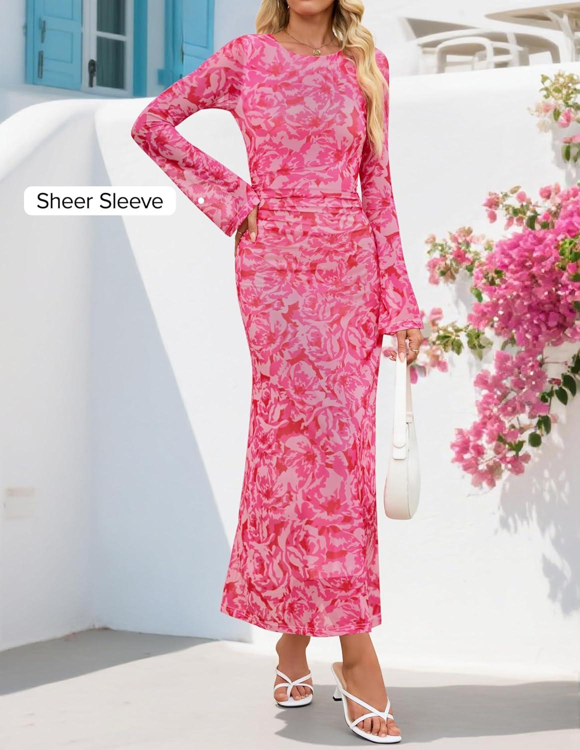 imageZESICA Womens Long Sleeve Floral Bodycon Dress 2026 Spring Fall Ruched Mesh Wedding Guest Cocktail Party Maxi DressesFloral Rose