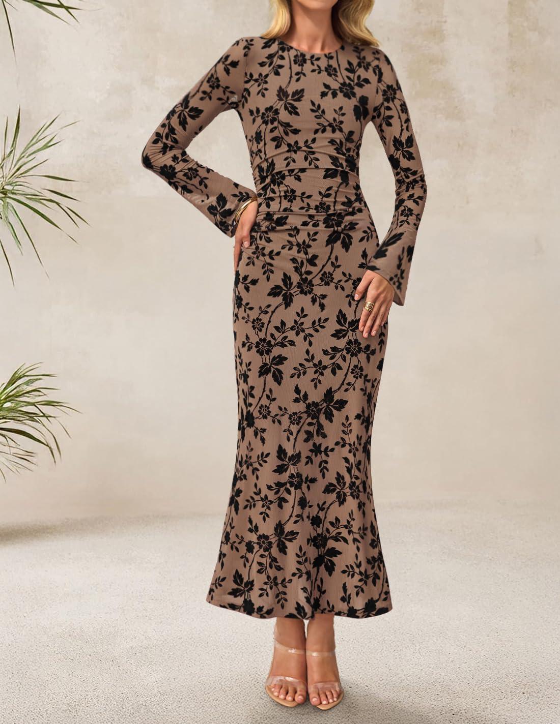 imageZESICA Womens Long Sleeve Floral Bodycon Dress 2026 Spring Fall Ruched Mesh Wedding Guest Cocktail Party Maxi DressesKhaki
